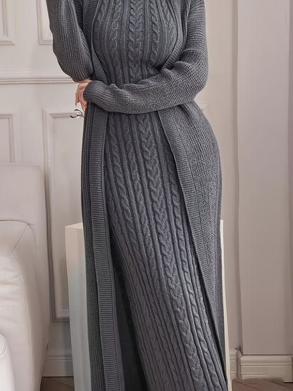 Women’s Elegant Khaki Knit Two-Piece Set – Round Neck Cardigan Top & Sleeveless Braided Texture Dress, Chic Autumn/Winter Outfit for Dates & Parties