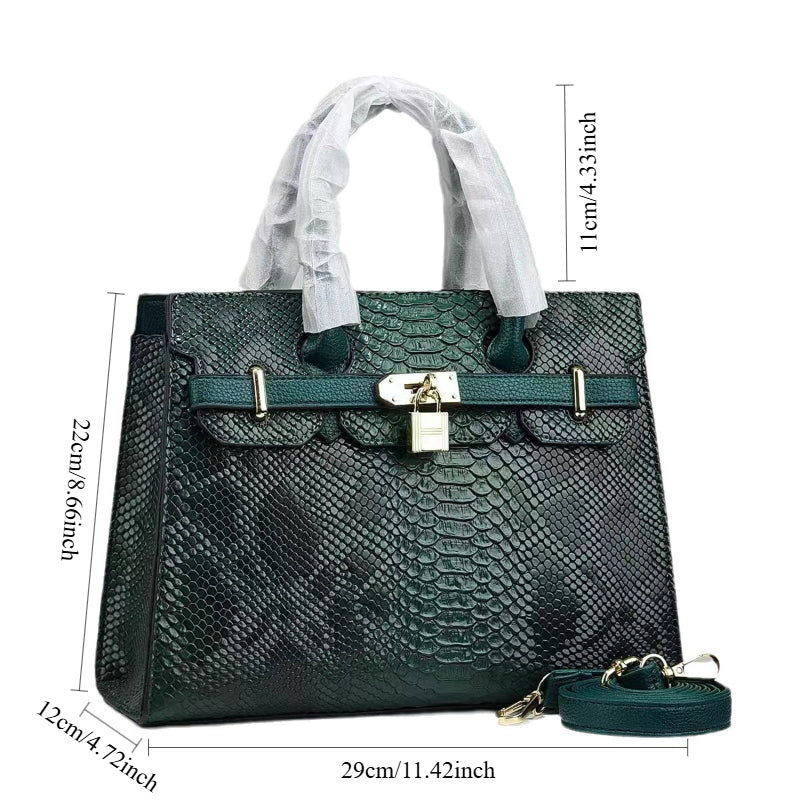 Women’s Luxury Snake-Texture Beige Handbag – Large-Capacity Tote with Golden-Tone Hardware, Lock Closure & Detachable Strap, Designer-Inspired Crossbody Purse (Brown/Copper)