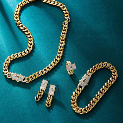 Golden Chain Jewelry Set – Necklace, Bracelet, Earrings & Open Ring with Synthetic Zircon, Punk Hip-Hop Style for Daily Wear & Holiday Gifts