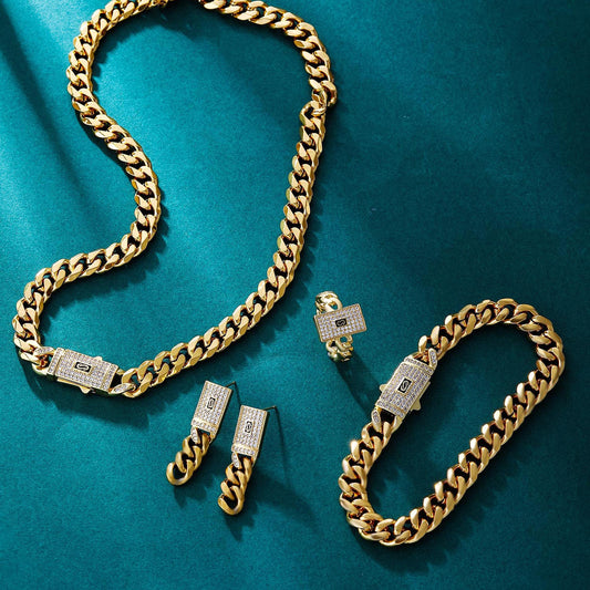 Golden Chain Jewelry Set – Necklace, Bracelet, Earrings & Open Ring with Synthetic Zircon, Punk Hip-Hop Style for Daily Wear & Holiday Gifts