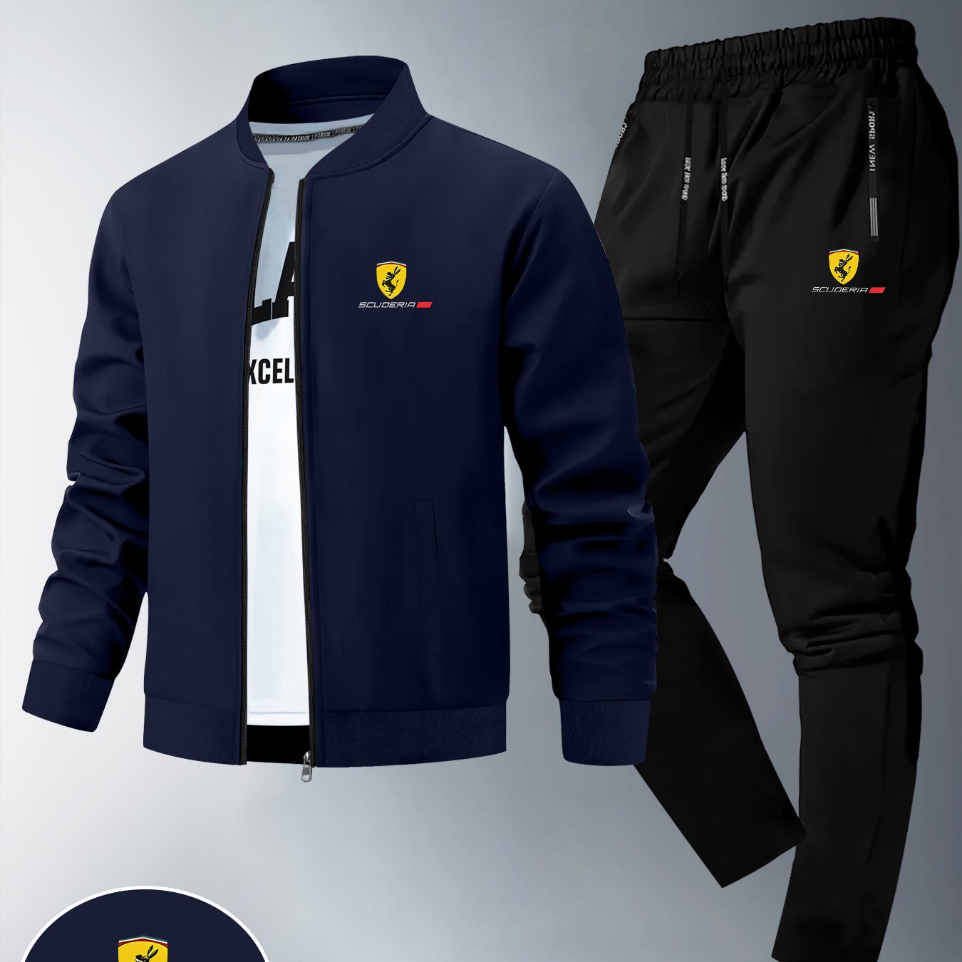 طقم من قطعتين يتكون من سترة ضيقة وبنطال رياضي طويل للرجال، يتميز بطبعات الفريق، ونمط بسحاب، مصنوع من قماش ناعم، مناسب للارتداء غير الرسمي في فصلي الخريف والشتاء.