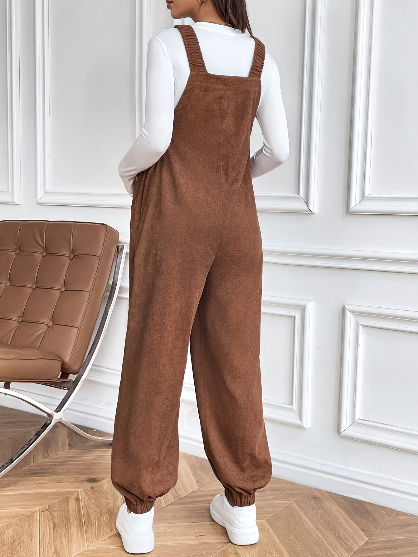 Women’s Maternity Oversized Trousers – Full-Length Corduroy-Style Pregnancy Pants with Adjustable Drawstring Waist & Golden-Tone Buttons