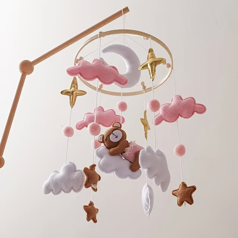 Handmade Baby Sheep & Moon-Star Crib Mobile – Soft Pastel Pink Hanging Nursery Bell with Soothing Sound, Sensory Activity Toy & Baby Shower Gift