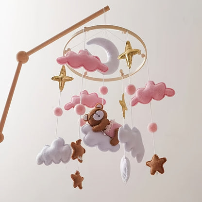 Handmade Baby Sheep & Moon-Star Crib Mobile – Soft Pastel Pink Hanging Nursery Bell with Soothing Sound, Sensory Activity Toy & Baby Shower Gift