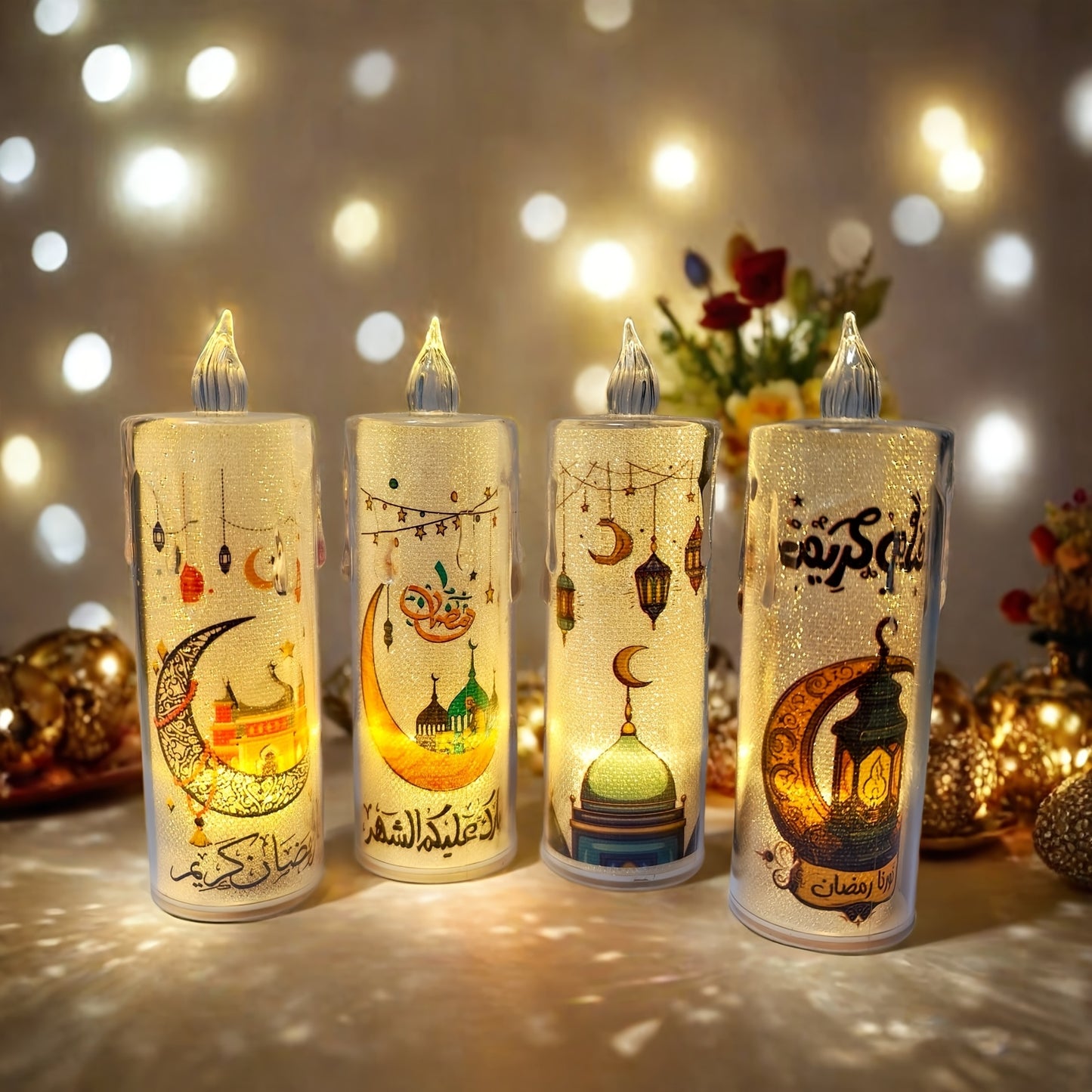 [Ramadan Decor | LED Candles] 2pcs High-Quality LED Crystal Flameless Candles with Islamic Motifs | Battery Operated, Ramadan Decor for Indoor & Outdoor Use | Perfect for Parties, Family Gatherings, and Festive Celebrations (