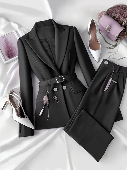 بدلة أنيقة بلون واحد من البليزر مع حزام وبنطال طويل - ملابس مكتب أنيقة لربيع/صيف للنساء مع جيوب