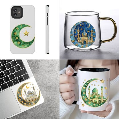 [12pcs Ramadan Moon Themed Decals] 12pcs Ramadan Moon Themed UV DTF Self-Adhesive Decals, High-Quality Waterproof Plastic Decorative Designs, for Glassware, Mugs, Laptops, and Refrigerators