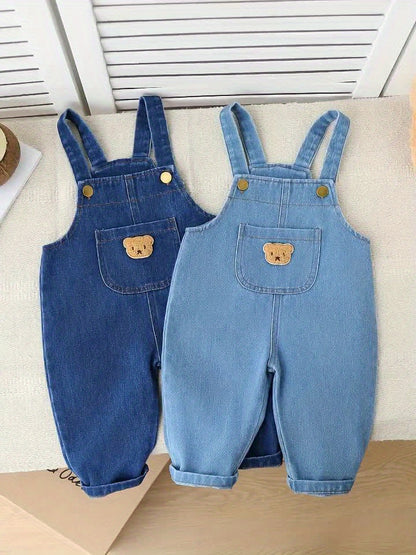 2-Piece Baby Boys’ Faux Denim Overalls – Adjustable Strap Rompers with Cute Bear Pockets, Regular-Fit All-Season Outfit for Outdoor Play