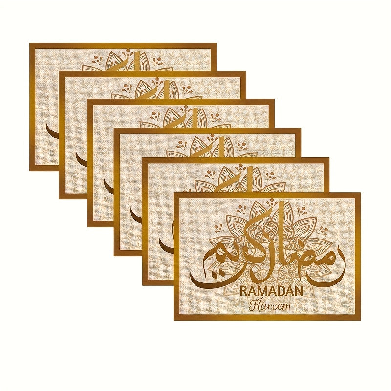 ٧ قطع من مفارش المائدة (٢٩.٩٧ × ٤٥.٠١ سم) + قطعة واحدة من مفرش الطاولة (٣٣.٠٢ × ١٨٢.٨٨ سم)، طقم مفرش طاولة رمضاني مكون من ٧ قطع - مصنوع من ألياف البوليستر بنقشة الهلال الذهبي والزهور، زينة منزلية مثالية لحفلات رمضان.