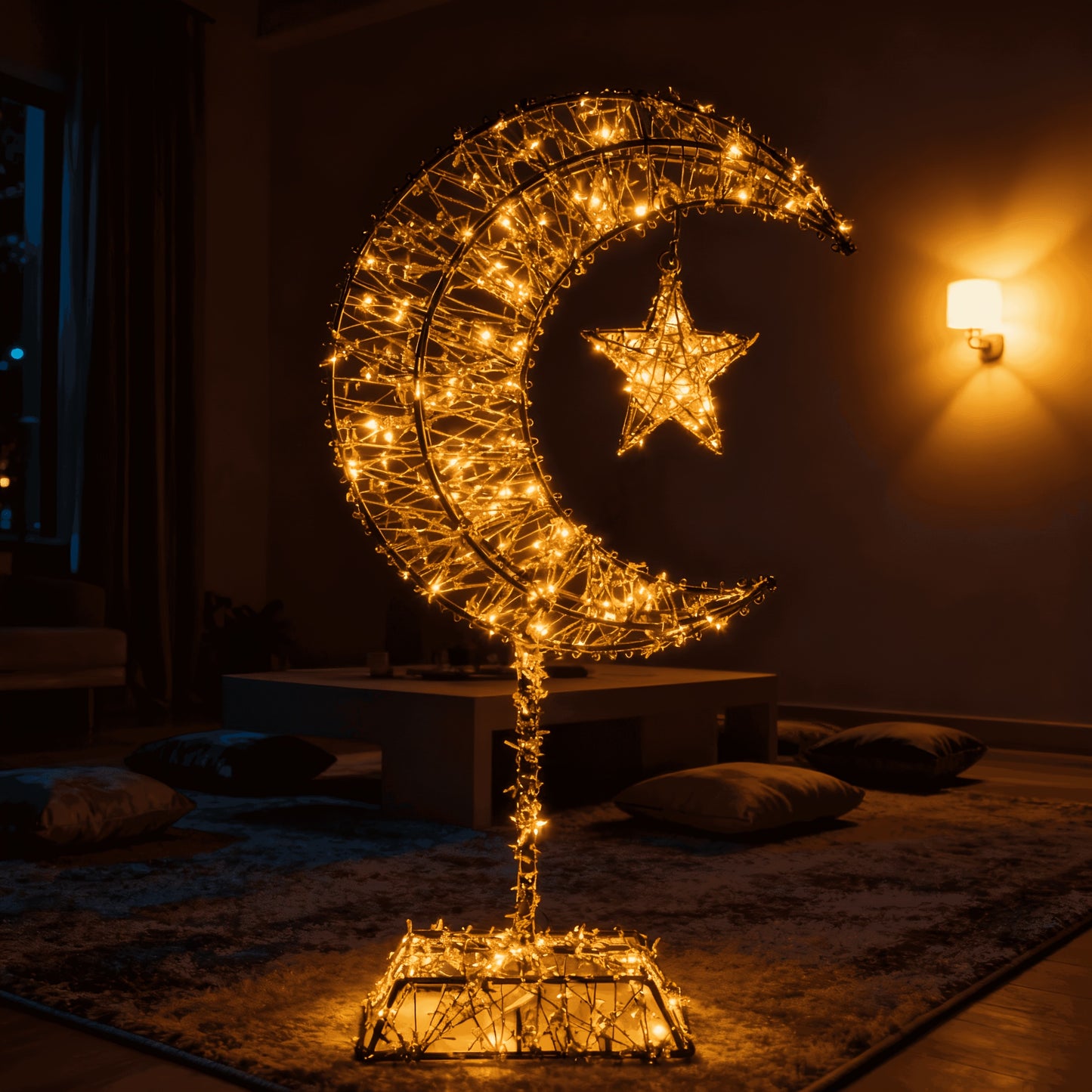 1pc Ramadan Decoration Featuring a Large Moon and Stars, Equipped with 20 LED Lights, Battery-powered, with a Metal Cutout Design. Easy-to-install Ramadan Ornament, Suitable for Festive and Celebratory Home Decor. Requires 2