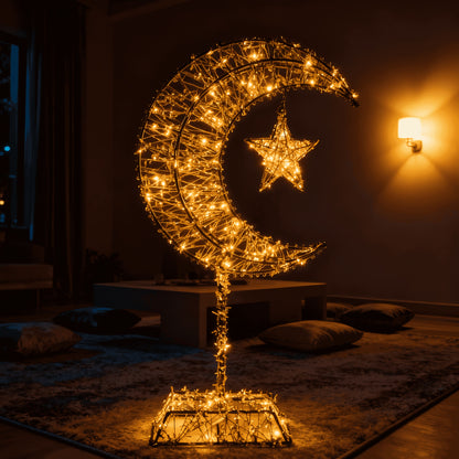 1pc Ramadan Decoration Featuring a Large Moon and Stars, Equipped with 20 LED Lights, Battery-powered, with a Metal Cutout Design. Easy-to-install Ramadan Ornament, Suitable for Festive and Celebratory Home Decor. Requires 2
