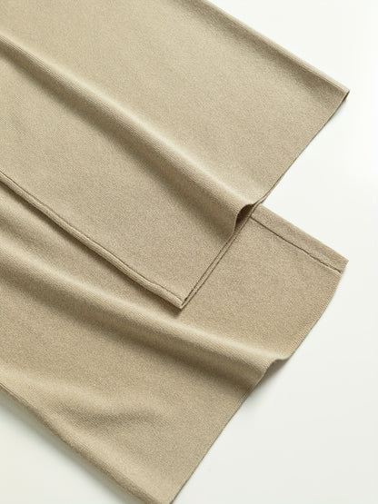 طقم بدلة شتوية منسقة للنساء من ثلاث قطع - كارديجان طويل كبير الحجم، سترة بياقة عالية وبنطلون واسع الساق، لون بيج مع حواف بيضاء، طقم مطاطي ومتعدد الاستخدامات للعمل أو الحفلات، قابل للغسل اليدوي