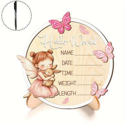 Hello World" Wooden Birth Announcement Board with Butterfly & Name/Date/Time/Weight/Length - Elegant Pink & Golden Lettering, Marker Included - Perfect for Decor