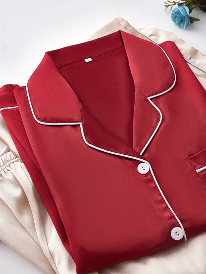 Women’s 2-Set Satin Pajama Collection – Long-Sleeve & Long-Pants Solid Color Sleepwear with Turned Collar and Elegant Button Detailing for Autumn/Winter