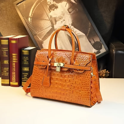 Women's Alligator-Texture Handbag – Elegant Large Tote with Gold Hardware, Zipper Closure & Detachable Strap