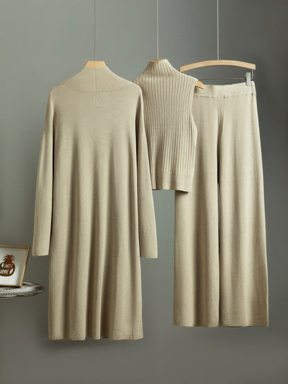 طقم بدلة شتوية منسقة للنساء من ثلاث قطع - كارديجان طويل كبير الحجم، سترة بياقة عالية وبنطلون واسع الساق، لون بيج مع حواف بيضاء، طقم مطاطي ومتعدد الاستخدامات للعمل أو الحفلات، قابل للغسل اليدوي