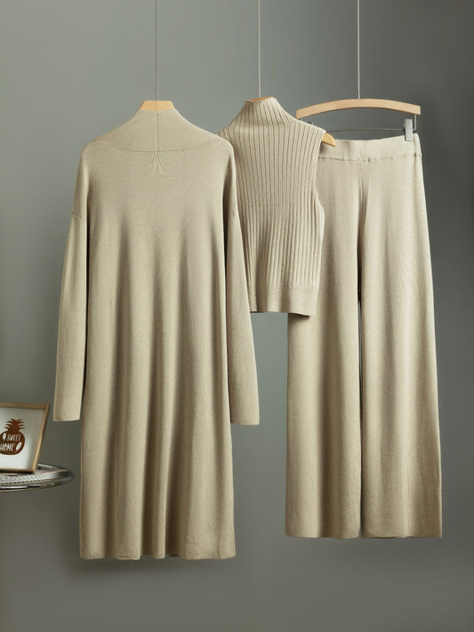 Women’s 3-Piece Winter Coordinated Suit Set — Oversized Long Cardigan, High-Neck Sweater Vest & Wide-Leg Pants, Beige with White Piping, Stretchy and Versatile Outfit for Work or Parties, Hand Washable