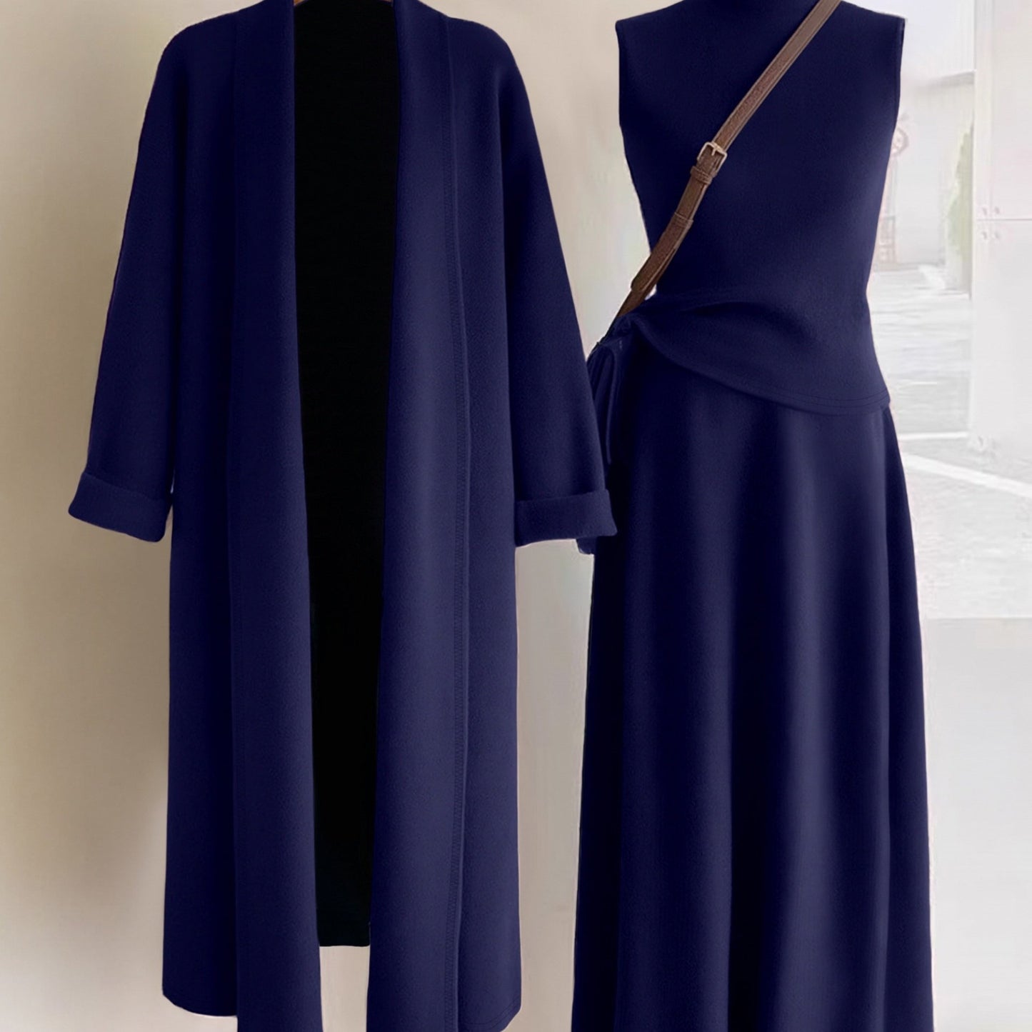 Women’s Elegant 3-Piece Outfit Set – Long Cardigan Jacket, High-Neck Vest & Skirt, Solid Color Chic Ensemble for Casual or Formal Events