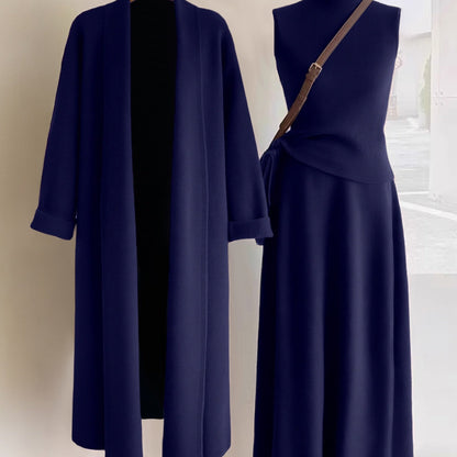 Women’s Elegant 3-Piece Outfit Set – Long Cardigan Jacket, High-Neck Vest & Skirt, Solid Color Chic Ensemble for Casual or Formal Events