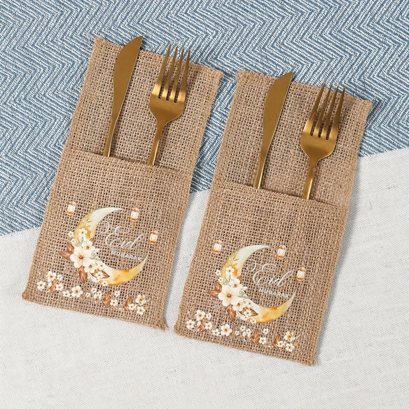 Set of 5 Eid-Themed Linen Bags Featuring Moon Lanterns And Flowers, Perfect for Ramadan Celebrations. These Burlap Bags Are Ideal for Eid Mubarak Decorations at Home And for Islamic Muslim Party Supplies, Including Tableware