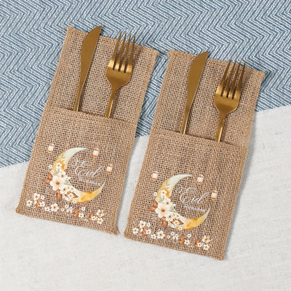 Set of 5 Eid-Themed Linen Bags Featuring Moon Lanterns And Flowers, Perfect for Ramadan Celebrations. These Burlap Bags Are Ideal for Eid Mubarak Decorations at Home And for Islamic Muslim Party Supplies, Including Tableware