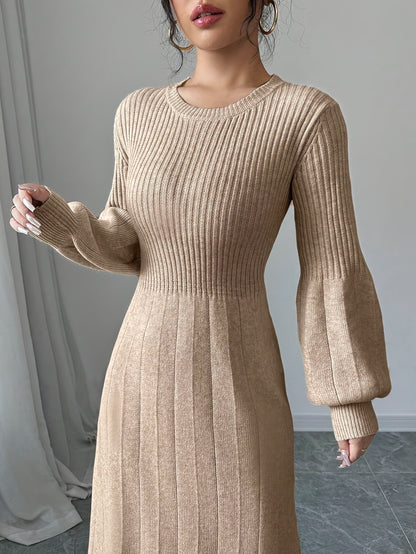 Elegant Beige High-Neck Sweater Dress with Lantern Sleeves – Long Ribbed Knit Dress for Fall & Winter, Casual Chic Women’s Fashion