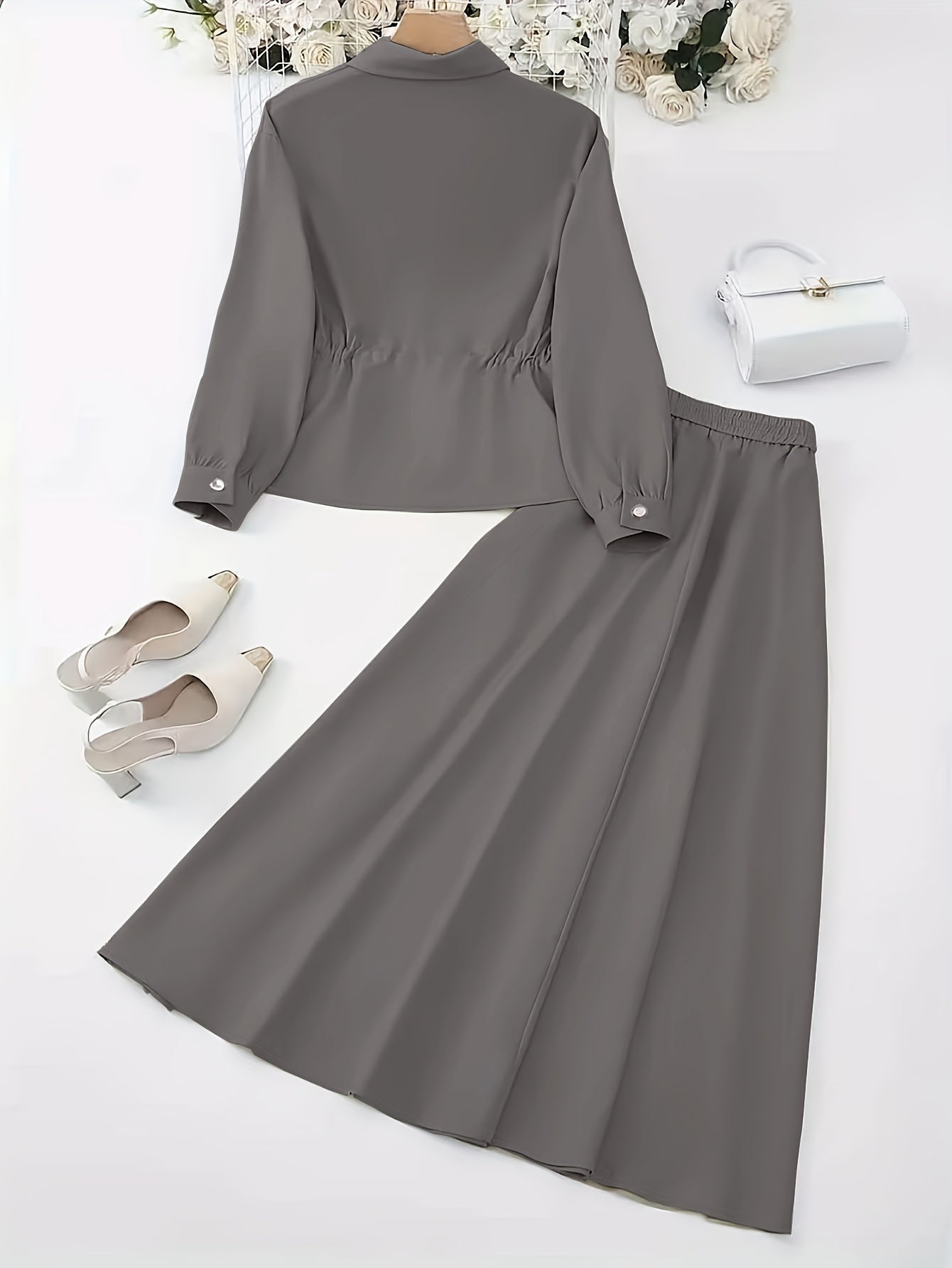 Elegant Women’s Drawstring Waist Top & Skirt Set – Spring/Autumn Collection