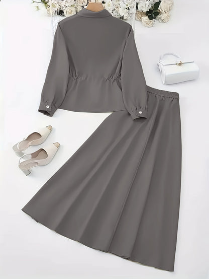 Elegant Women’s Drawstring Waist Top & Skirt Set – Spring/Autumn Collection