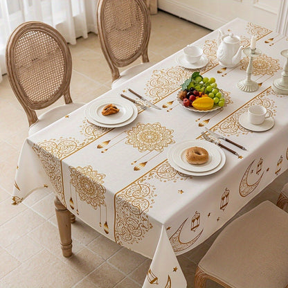 1pc Beige Islamic Tablecloth with Golden Crescent and Star Pattern - Table Cover for Ramadan, Eid, and Arabian Night Party Decor - Elegant Beige-Golden Dual-Tone Islamic Home Decor, Durable and Easy-Clean Tablecloth for Daily
