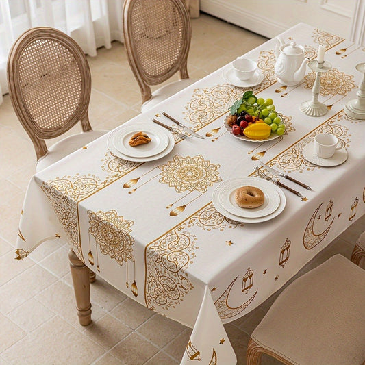 1pc Beige Islamic Tablecloth with Golden Crescent and Star Pattern - Table Cover for Ramadan, Eid, and Arabian Night Party Decor - Elegant Beige-Golden Dual-Tone Islamic Home Decor, Durable and Easy-Clean Tablecloth for Daily