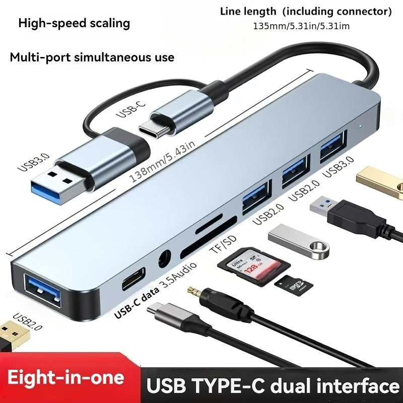 [8-in-1 USB Hub] 8-in-1 USB 3.0 Hub | Type-C Docking Station for Laptops & Desktops with Multi-Port Simultaneous Use, High-Speed Scaling, CD/TF Card Reader, Keyboard, Mouse, Hard Drive, and Fan Connections