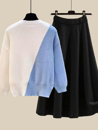 طقم نسائي من قطعتين من ملابس التريكو لفصلي الخريف والشتاء - بلوزة عصرية مع تنورة فضفاضة