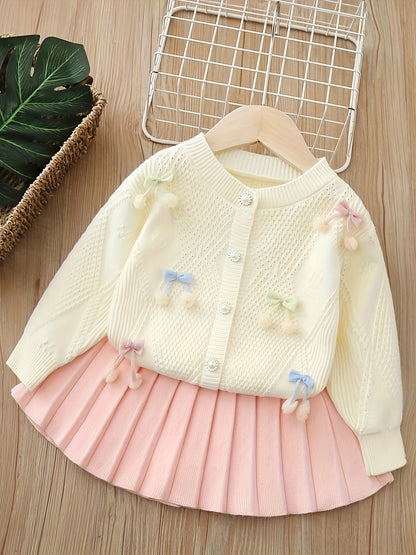 Girls’ Adorable Knit Cardigan & Pleated Skirt Set – Cozy Winter 2-Piece Outfit for Toddlers & Kids (8M–8Y)