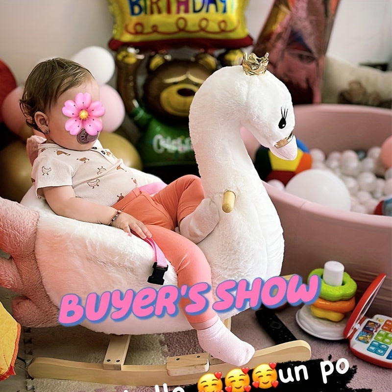 White Swan-Themed Rocking Horse – Soft Rocking Pony with Safety Belt, Sturdy Frame & One-Button Operation, Ideal Infant Learning Toy & Gift