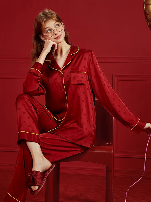 Women’s Elegant Red Heart-Pattern Pajama Set – Soft Long-Sleeve Top & Pants with Lapel Collar and Button Details for Spring/Fall