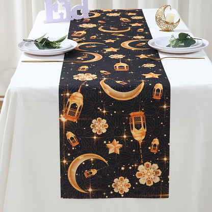 1pc Eid Mubarak Table Runner | Moon Star Sun Design Black Golden Table Runner, Ramadan Kareem Table Decor, Polyester Rectangle, Ramadan Decorations For Home, Muslim Party Decoration Eid Al Adha Gifts