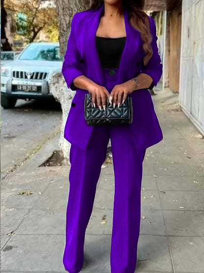 Women's Casual Double-Breasted Blazer and Straight-Leg Pants Suit Set
