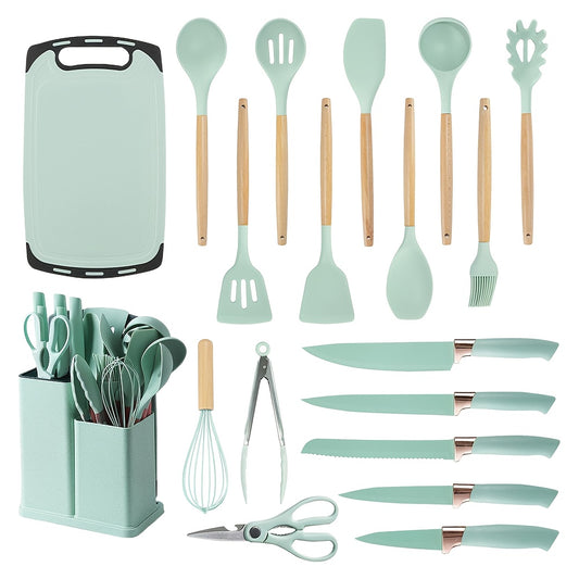 19-Piece Kitchen Utensil Set – Heat-Resistant Silicone Spatulas, 6 Sharp Knives, and Durable Cutting Board for Everyday Cooking