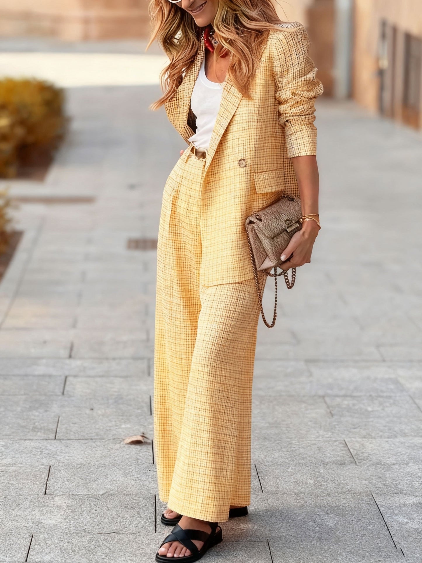 Women’s Two-Tone Plaid Blazer & Pants Set — Double-Breasted, Long Sleeve, Loose Fit, All-Season Wear