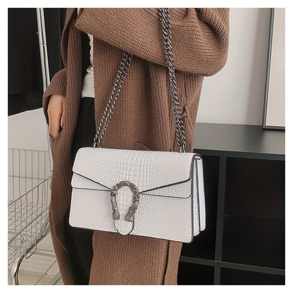 Women’s Luxury Crocodile-Embossed Crossbody Bag – Vintage Faux Leather Shoulder Purse with Adjustable Chain Strap, Zipper & Snap Closure, G-Style Design