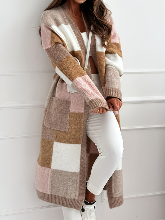 2025 Women’s Color-Block Cardigan – Casual & Elegant Long-Sleeve Knit for Autumn & Winter