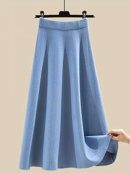 طقم نسائي من قطعتين من ملابس التريكو لفصلي الخريف والشتاء - بلوزة عصرية مع تنورة فضفاضة