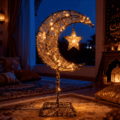1pc Ramadan Decoration Featuring a Large Moon and Stars, Equipped with 20 LED Lights, Battery-powered, with a Metal Cutout Design. Easy-to-install Ramadan Ornament, Suitable for Festive and Celebratory Home Decor. Requires 2