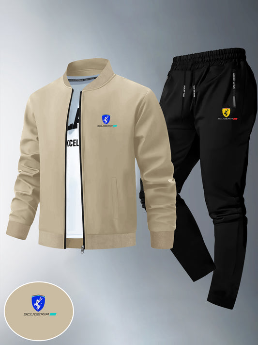 طقم من قطعتين يتكون من سترة ضيقة وبنطال رياضي طويل للرجال، يتميز بطبعات الفريق، ونمط بسحاب، مصنوع من قماش ناعم، مناسب للارتداء غير الرسمي في فصلي الخريف والشتاء.