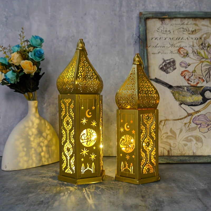 1pc Moroccan Style LED Lantern - Battery-Powered with 3 AAA Batteries (Not Included), Intricate Iron Design with Crescent Moon & Stars, Warm Glow for Ramadan Eid Weddings Home Decor, Tabletop Decoration | Decorative LED Lante