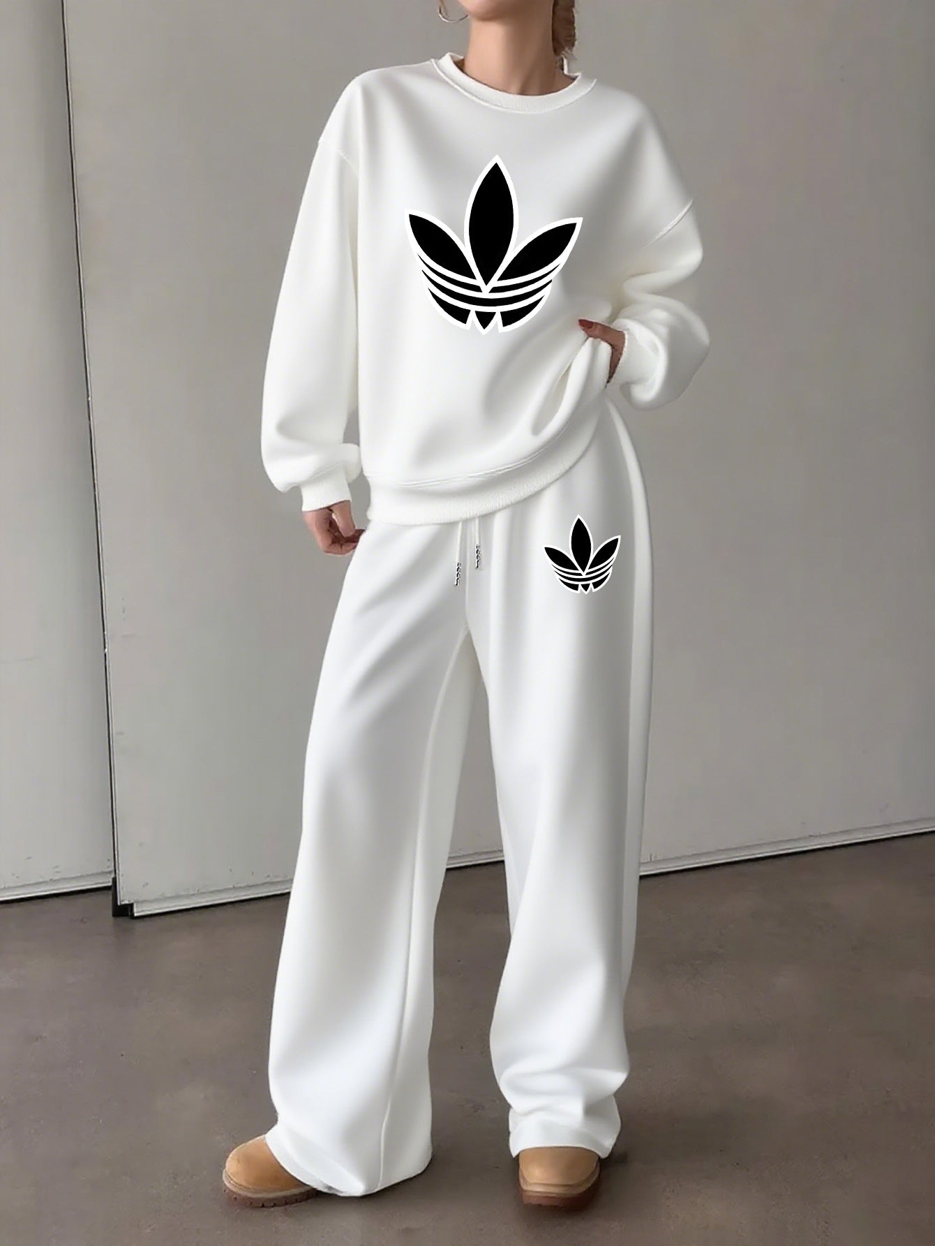 Letter Print Two Piece Set, Crew Neck Sweatshirt & Pants, Women's Clothing