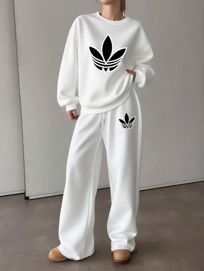 Letter Print Two Piece Set, Crew Neck Sweatshirt & Pants, Women's Clothing