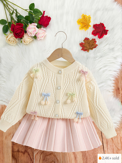 Girls’ Adorable Knit Cardigan & Pleated Skirt Set – Cozy Winter 2-Piece Outfit for Toddlers & Kids (8M–8Y)