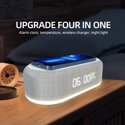 4-in-1 Night Light Alarm Clock with Wireless Charging – USB-C Digital Clock with Adjustable 3-Mode Lighting, Perfect for Travel