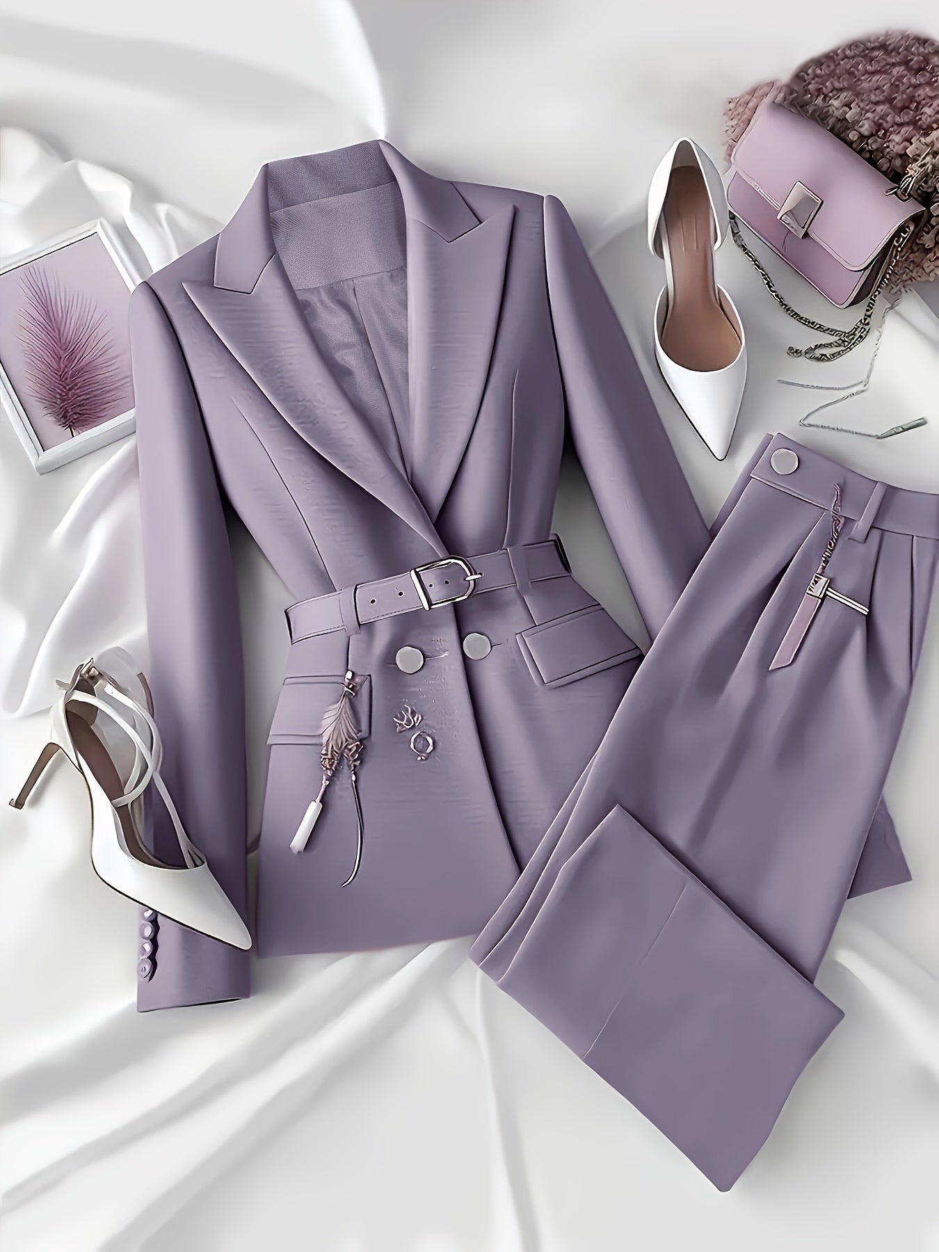 بدلة أنيقة بلون واحد من البليزر مع حزام وبنطال طويل - ملابس مكتب أنيقة لربيع/صيف للنساء مع جيوب